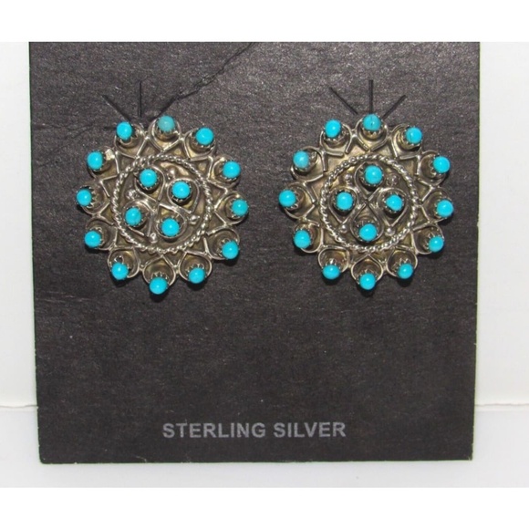 Zuni Snake Eye Turquoise Post Stud Earrings Sterling Silver Native American - Picture 3 of 4